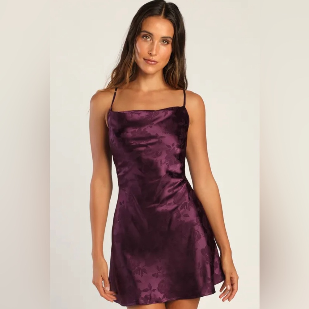 Close to Your Heart Plum Purple Satin Jacquard Cowl Slip Dress - Medium